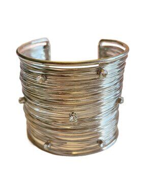 Chunky Silver Tone Wire Cuff Bracelet with Crystal Accents